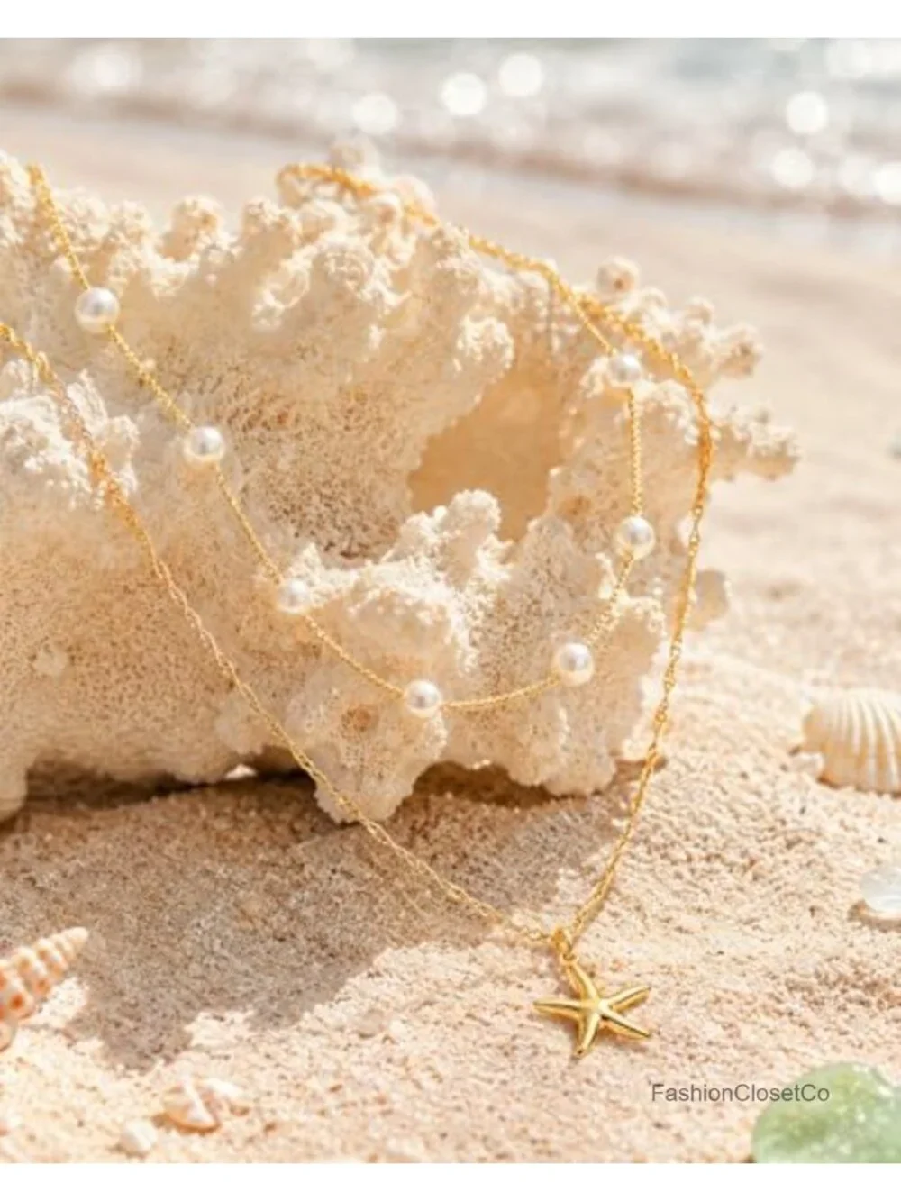 Layered Shell Starfish Pearl Necklace Gold Plated Beach Charm